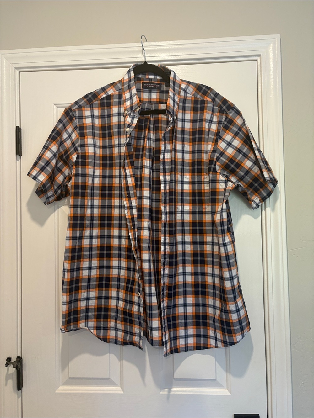 Roundtree & Yorke Orange and Navy Plaid Button-Down Shirt
